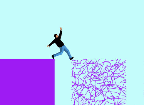 Man balancing on purple square and tangled lines