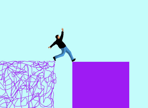 Man balancing on tangled lines and purple square