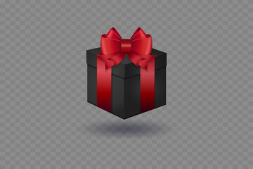 Black gift box with red ribbon and bow. On a transparent background.