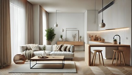 Minimalist Living Room Interior with Empty Frame and Wooden Accents