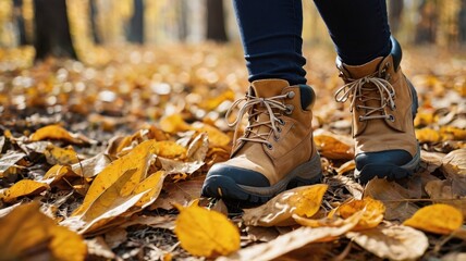 Close-up of female legs in hiking boots walks on ground with yellow-orange dry fall leaves during autumn season in park or forest. Feet walking in outdoor nature. Healthy lifestyle on leisure activity
