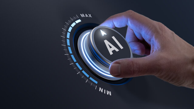 AI implementation and integration consultant turning knob to streamline and automate business workflows with artificial intelligence technology, improving efficiency and optimizing operations.