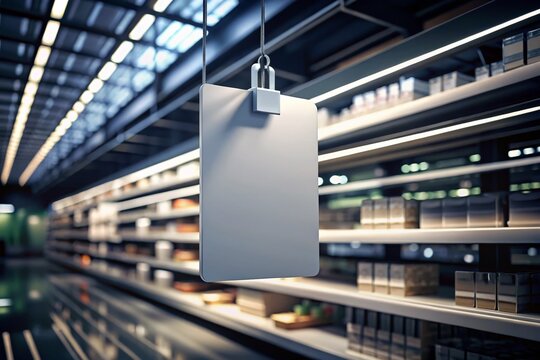 Realistic Supermarket Shelf Wobbler Mockup: White Rectangular Danglers for Night Photography