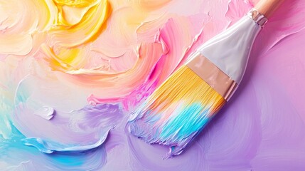 A paintbrush with a rainbow of colors on it is on a canvas