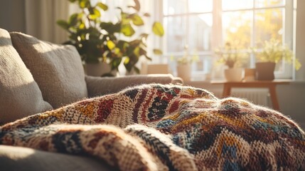 A colorful blanket is draped over a couch
