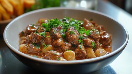 A bowl of meat and pasta with parsley on top