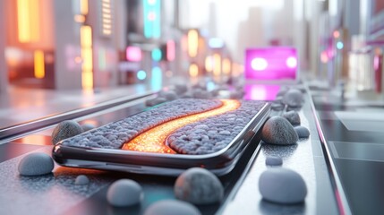 Smartphone with glowing path amidst rocks on futuristic city street.