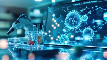 A futuristic laboratory featuring holographic displays showing cellular structures and research findings