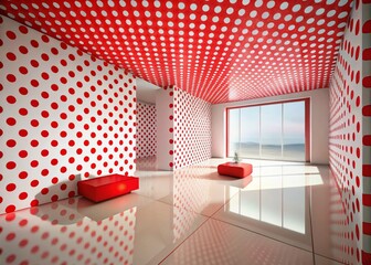 Minimalist White Room with Red Dots - 3D Render - Modern Abstract Decor