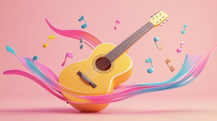Yellow acoustic guitar with colorful music notes and waves on pink background.
