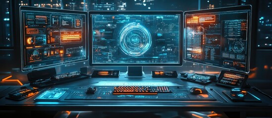 Obraz premium Cyberpunk Workstation: Futuristic Triple Monitor Setup with Glowing Interfaces