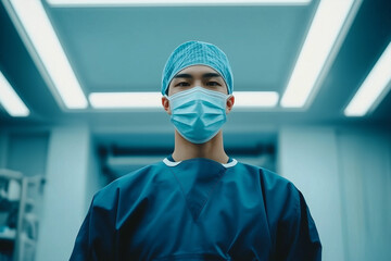 A focused doctor wearing surgical scrubs and a mask, standing under bright operating lights in a sterile surgeon room
