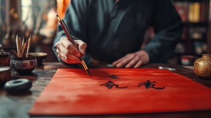 Obraz premium Artist practicing Chinese calligraphy with a brush on vibrant red paper. Asian art, Chinese New Year