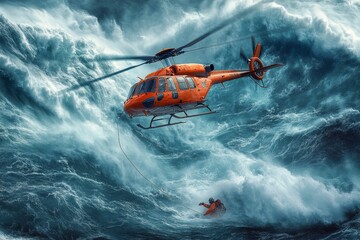 Fototapeta premium Helicopter rescues person from stormy sea.
