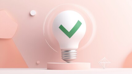 Approved idea; lightbulb with checkmark on pastel pink background.