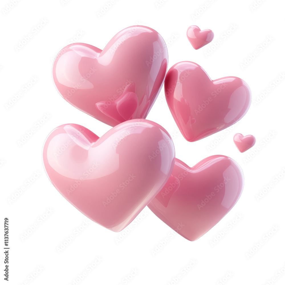 Poster 3d rendering flying pink hearts icon isolated on transparent background