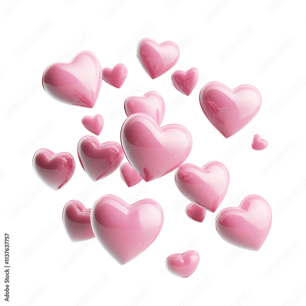 Poster 3d rendering flying pink hearts icon isolated on transparent background