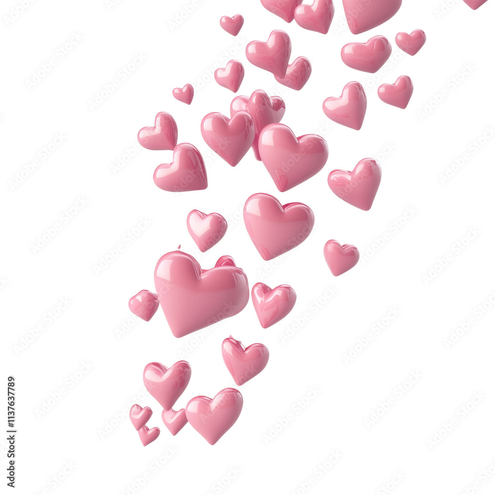 Poster 3d rendering flying pink hearts icon isolated on transparent background