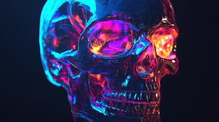 A skull with holographic abstract 3D shapes integrated into its structure, with parts of the skull appearing transparent and illuminated by neon colors, set against a black background