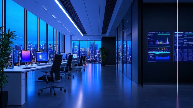 Sophisticated office workspace design modern city interior photography nighttime urban landscape aesthetic appeal