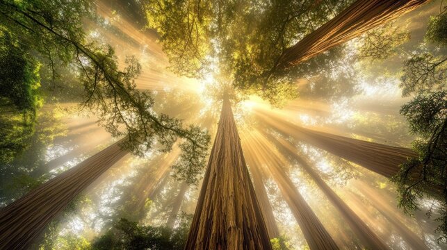 Majestic redwood trees in misty forest, sunlight streaming through canopy.