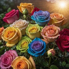 "A rainbow of fresh roses with sparkling dew and a radiant sunrise."