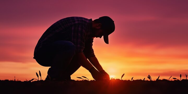 The momentum in passion with transformation. A farmer kneels in a field at sunset, silhouetted against a vibrant sky. - Powered by Adobe