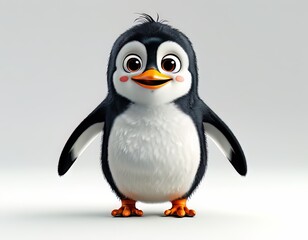 Fototapeta premium 3D clipart full-body cartoon penguin standing with black-white feathers, smile, on white.