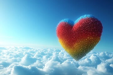 Fototapeta premium A playful Valentine card-style cartoon of a heart-shaped hot air balloon soaring through a sky filled with smaller hearts and fluffy clouds. The balloon is brightly colored with intricate patterns, 