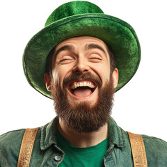 A lively young man dressed in St. Patrick's Day gear, celebrating with joy and excitement, isolated on a transparent background.