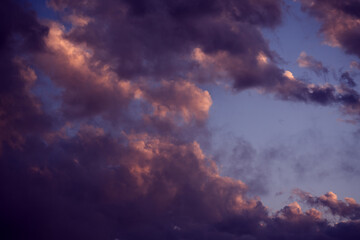 Sky with colorful and vivid sunset clouds. Natural background.