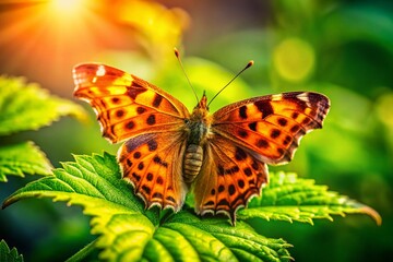 Naklejka premium Question Mark Butterfly Closeup on Green Leaf - Sunny Field