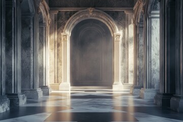 Obraz premium Grand Marble Hallway with Golden Accents and Sunlit Archway.