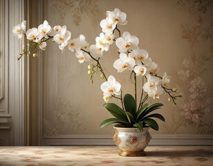 Classic elegance with artificial orchids adorning a vintage wallpaper background, artificial, interior, vintage