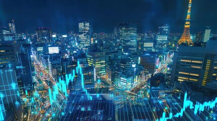 Night cityscape with superimposed stock market graphs.