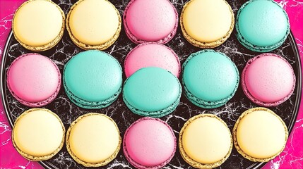 Elegant Assorted French Macarons in Pastel Colors: A Stunning Top-Down View Perfect for Decorating Your Kitchen or Café with a Touch of Vibrant Sophistication on a Marble Surface.