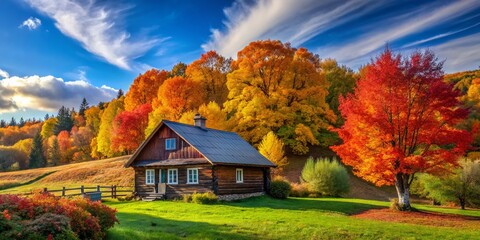 Obraz premium Rustic Autumn House, Blue Sky, Stunning Landscape