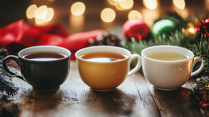 Fototapeta premium Three tea cups with Christmas decorations
