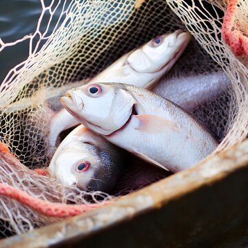Fish in a Fishernet. Sport Angling or Hobby Fishing. Catch of the Day 