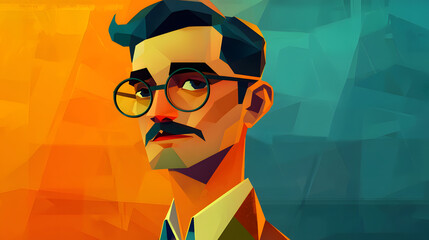 A stylized portrait of a man with a mustache, glasses, and a light-colored jacket. Warm orange and teal colors.