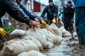 Muddy workers place sandbags against floodwaters.