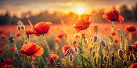 Fototapeta premium Retro Summer Poppy Field Long Exposure Photography, Peaceful Nature Background, Vintage Floral Wallpaper