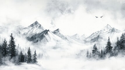 Obraz premium Monochrome mountain landscape painting with fog, snow, and birds.