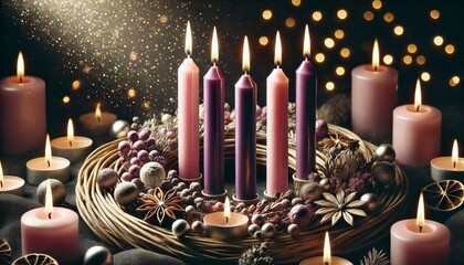 Advent Christmas Wreath or Crown - Countdown Candles to Jesus - Christian Lutheran Catholics - Bible Reading - First Sunday - Christmas Eve - Birth of Jesus Christ - Nativity - Purple White Candles