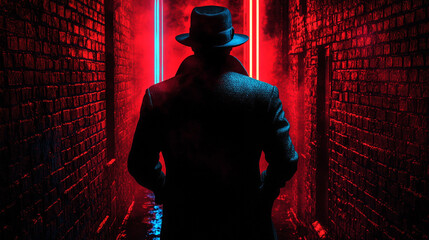 A shadowy figure in an old coat and fedora stands at the entrance to the alley, backlit by neon lights.