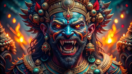 Obraz premium Intricate Macro Photography of the Indian Narakasura Demon Depicting Evil Features and Detailed Textures in Vibrant Colors for Mythological Illustration Purposes