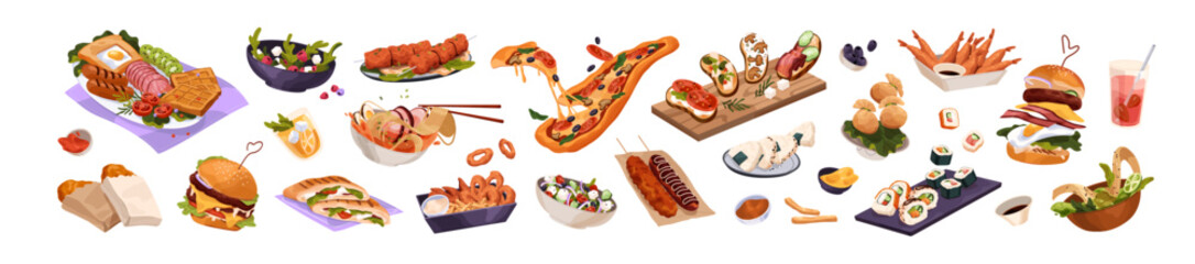 Set of fast food of different cuisines. Various delicious eating, meal of fastfood. Italian pizza, Japanese sushi, noodle, American burgers. Flat isolated vector illustrations on white background