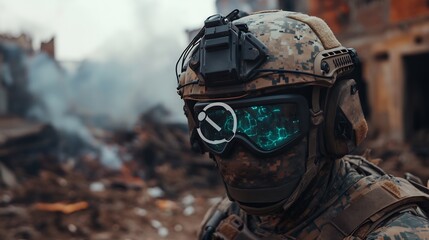 Fototapeta premium Futuristic Soldier in War-Torn City: A Digital Overlay on Camouflage