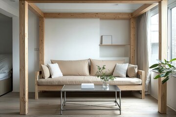 Fototapeta premium Scandinavian design with wooden frame, beige sofa, and sleek metal coffee table.