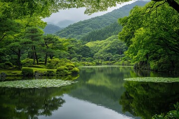 Obraz premium Serene Pond Reflected in Lush Green Forest
